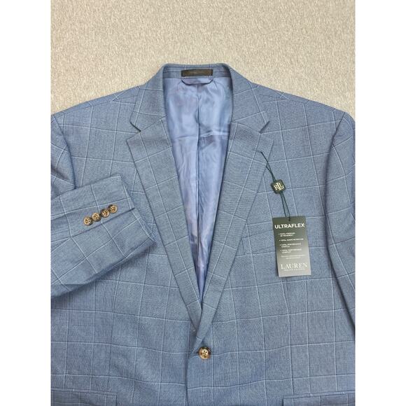 Lauren Ralph Lauren Blazer Mens 48S Blue Windowpane Ultraflex Silk Wool NWT